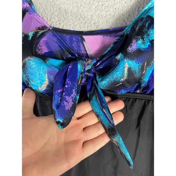 Longitude Size 16 Black Floral Skirted One Piece Swimsuit Tummy Control Tankini - Picture 4 of 11